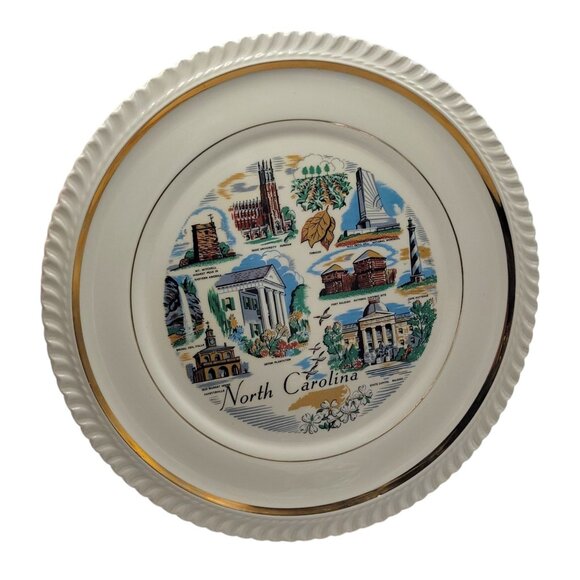 Vintage North Carolina Souvenir Plate With Gold Trim & Scenic Illustrations - Picture 1 of 10